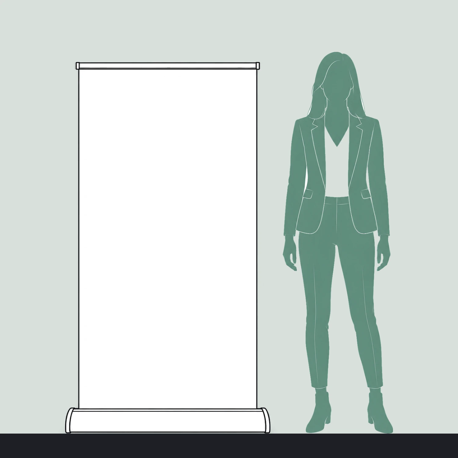 Merlin Cassette Roller Banner 850mm Wide size compared with a person
