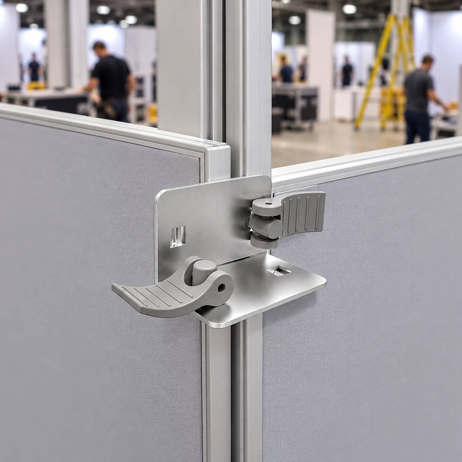 Middle bracket clamped on the corner join of two tall fabric frames