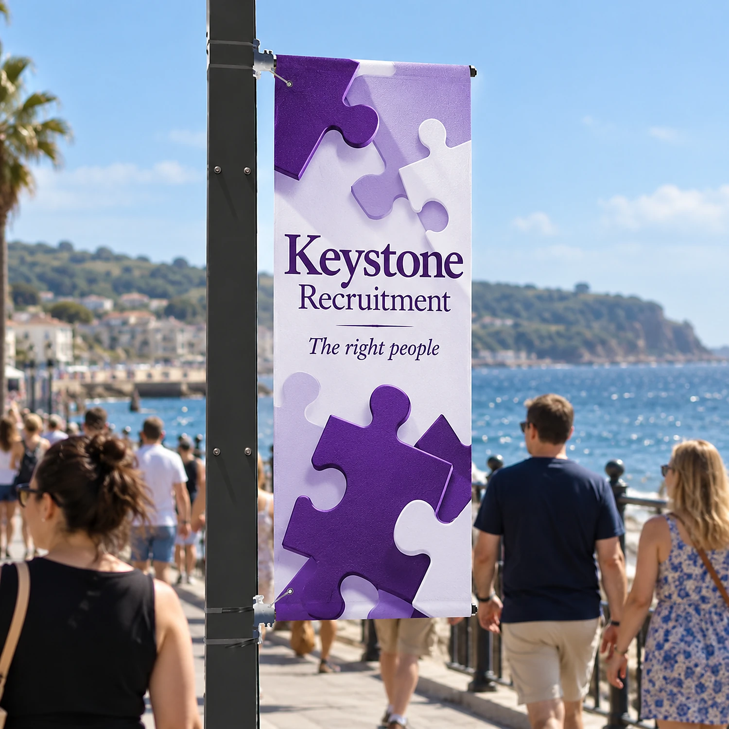 Mistral Post Mounted Banner in use on a seaside promenade