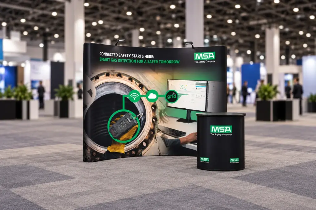 Visualisation of MSA Safety's 3x3 curved pop-up stand with case counter with the artwork that was printed