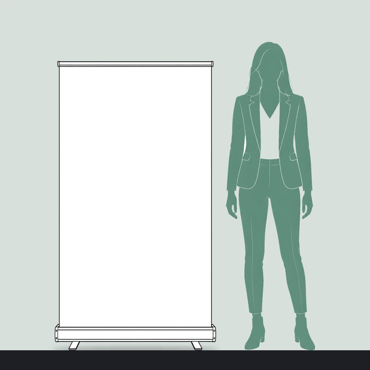Orient+ Roller Banner 850mm Wide size compared with a person
