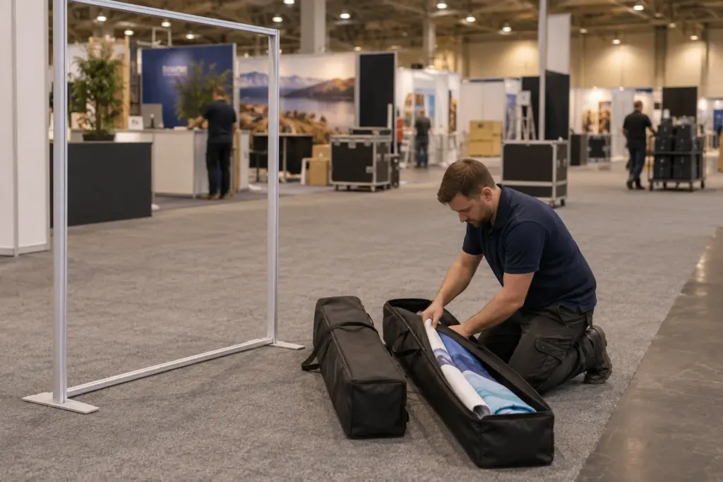 Exhibitor packing a printed fabric graphic into a carry bag beside a reusable aluminium display frame after a show