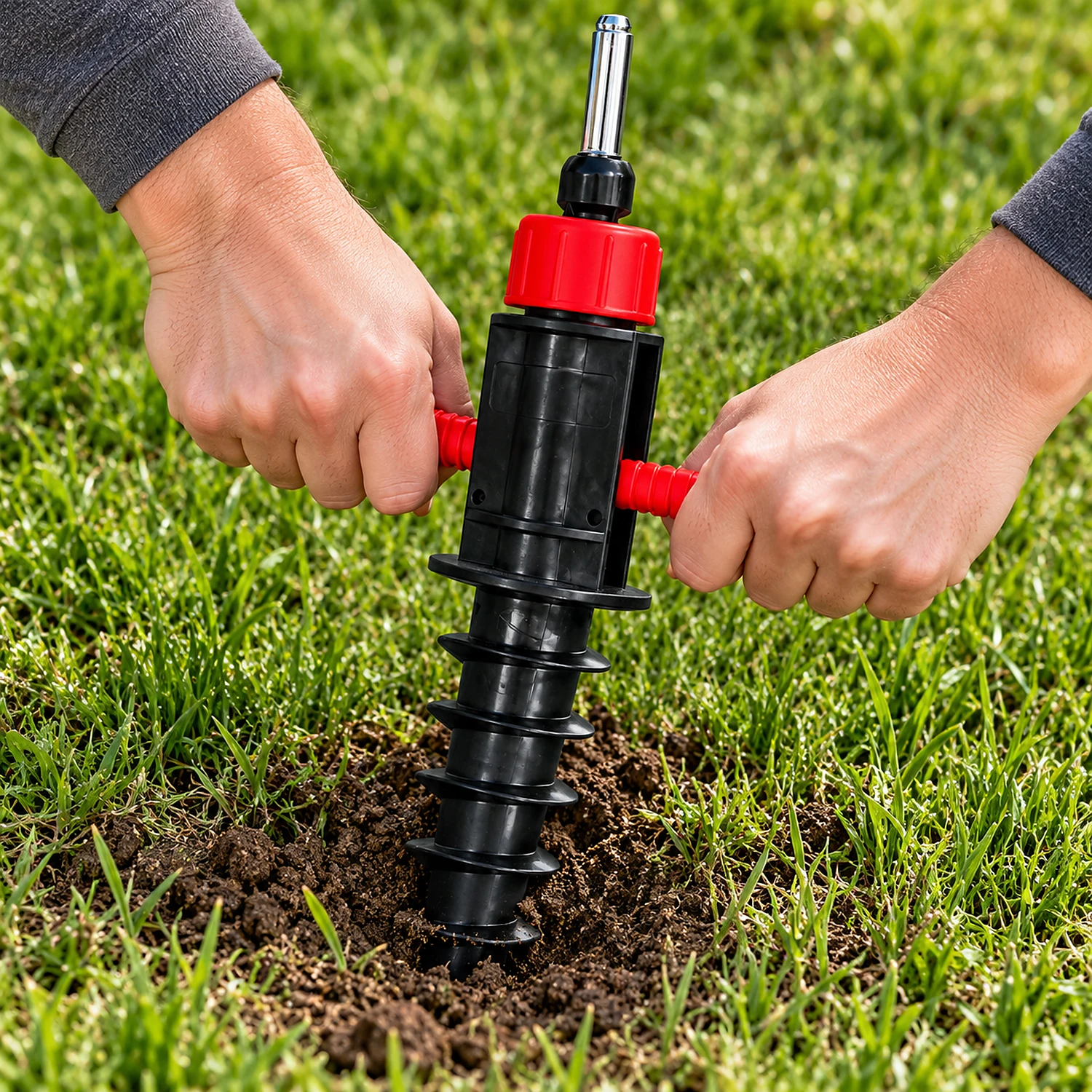Plastic ground stake being twisted into grass by its handles