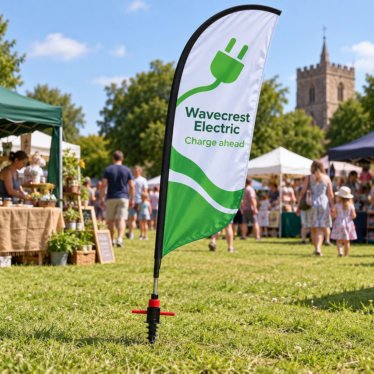 Plastic ground stake holding a flag in grass at a summer fete