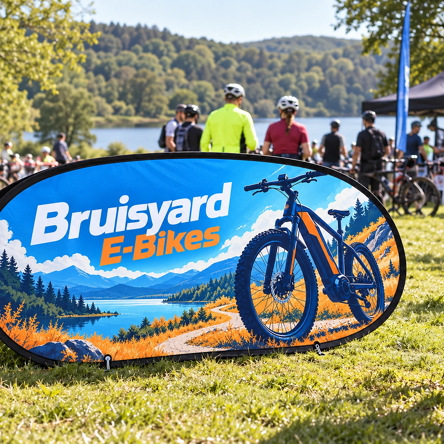 Pop Out Banner 2.05m x 1.07m, shown with example artwork