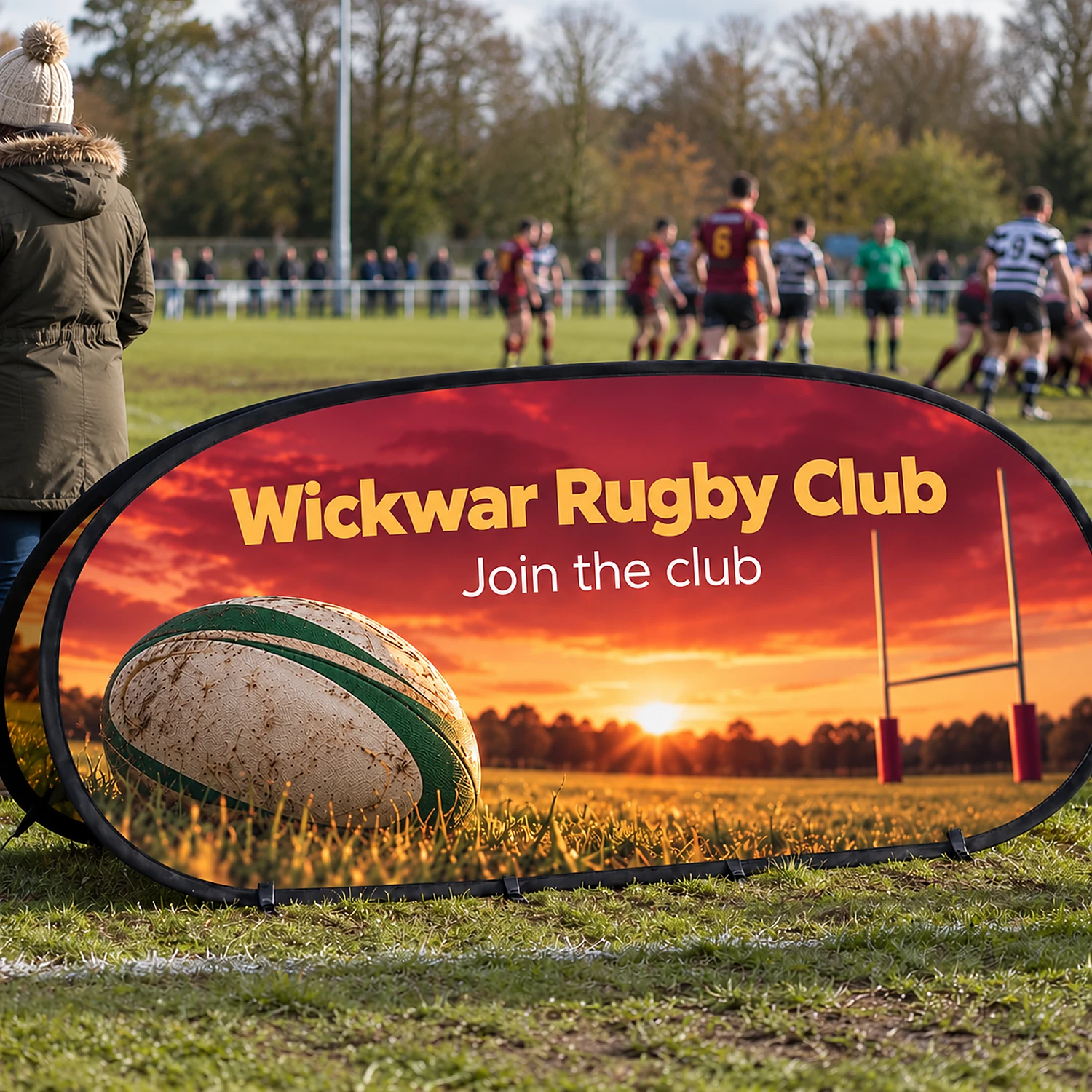 Pop Out Banner 2.52m x 1.08m, shown with example artwork