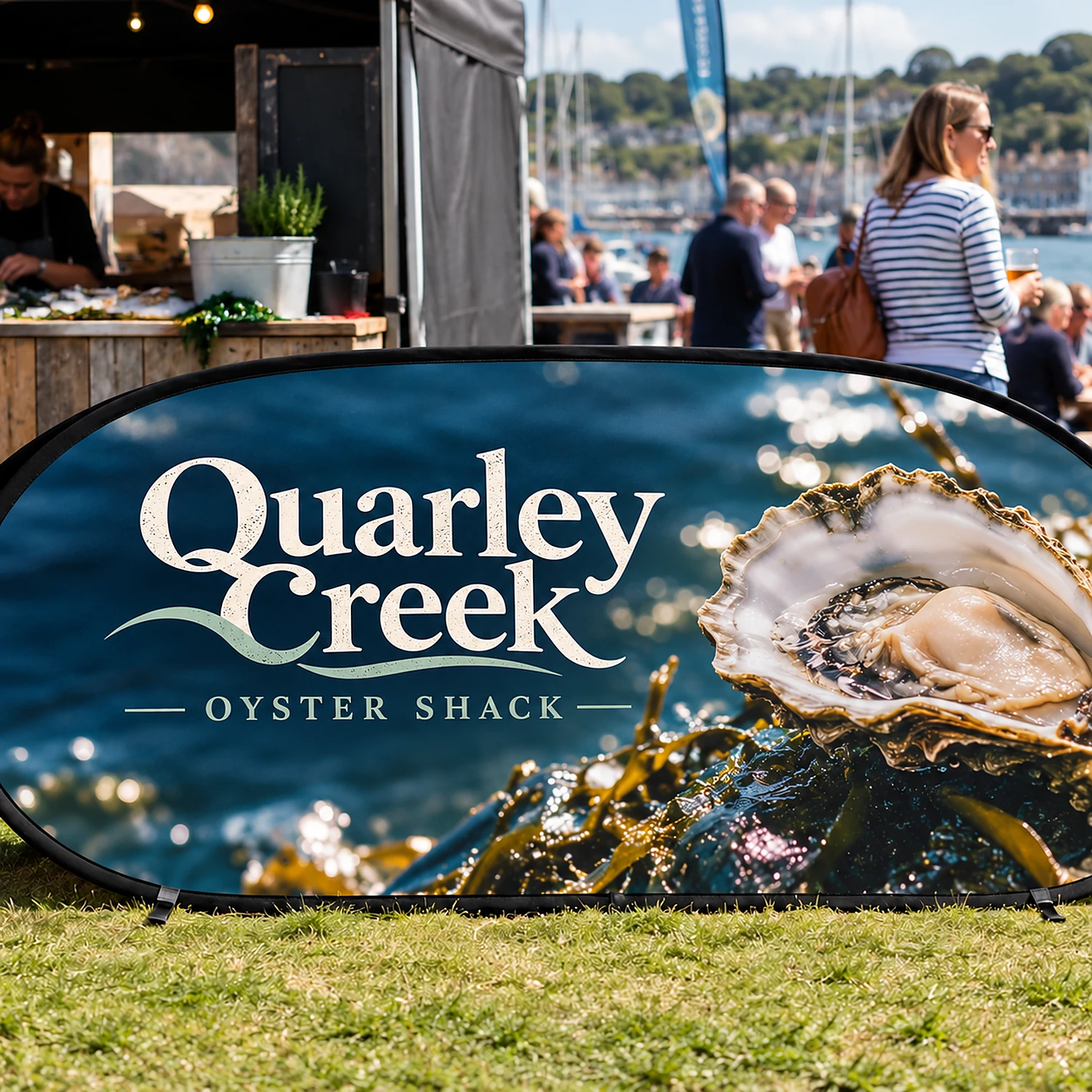 Pop Out Banner 2.52m x 1.08m, shown with example artwork