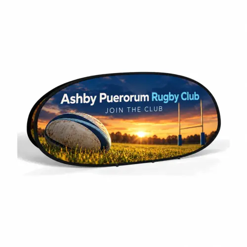 Pop Out Banner 2.52m x 1.08m, shown with example artwork