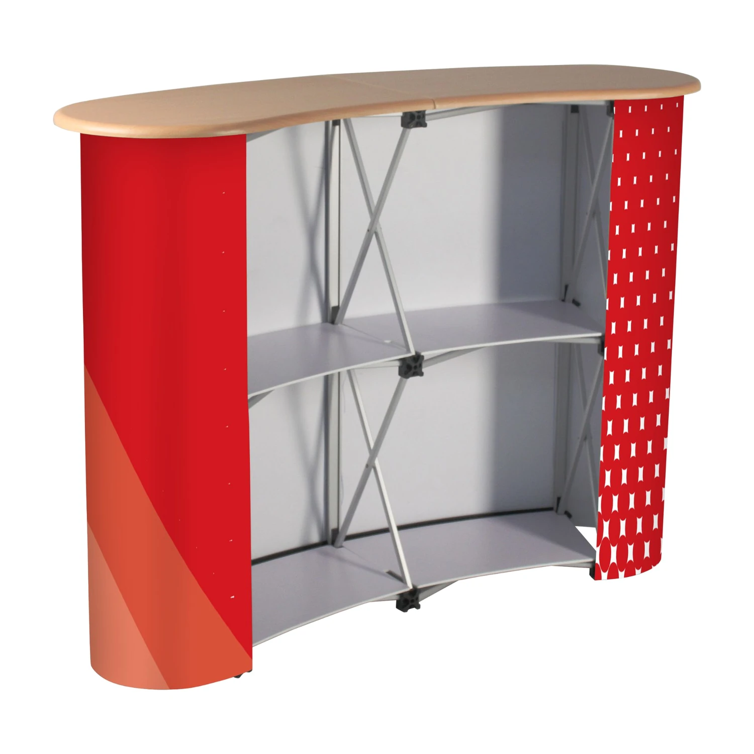 Rear of the pop up counter showing the frame and shelves