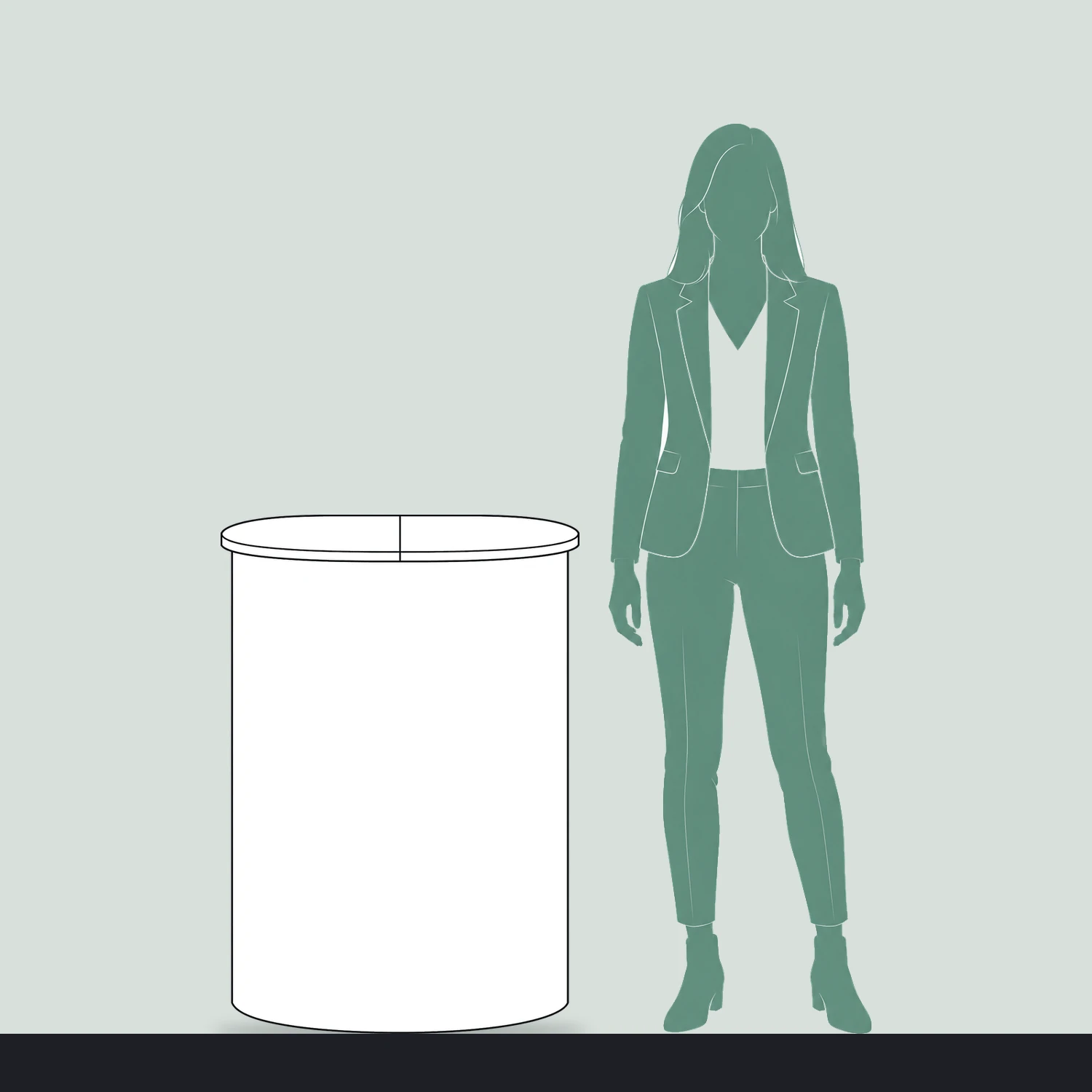 Pop Up Counter 1x2 with Printed Wrap size compared with a person