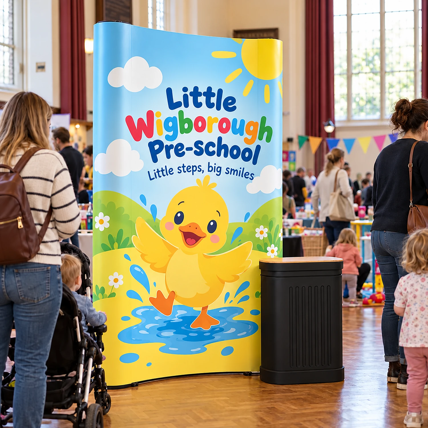 Pop Up Stand 1x3 Curved - Double-Sided, shown with example artwork