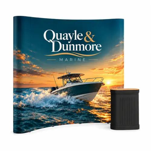 Pop Up Stand 3x3 Curved - Double-Sided, shown with example artwork