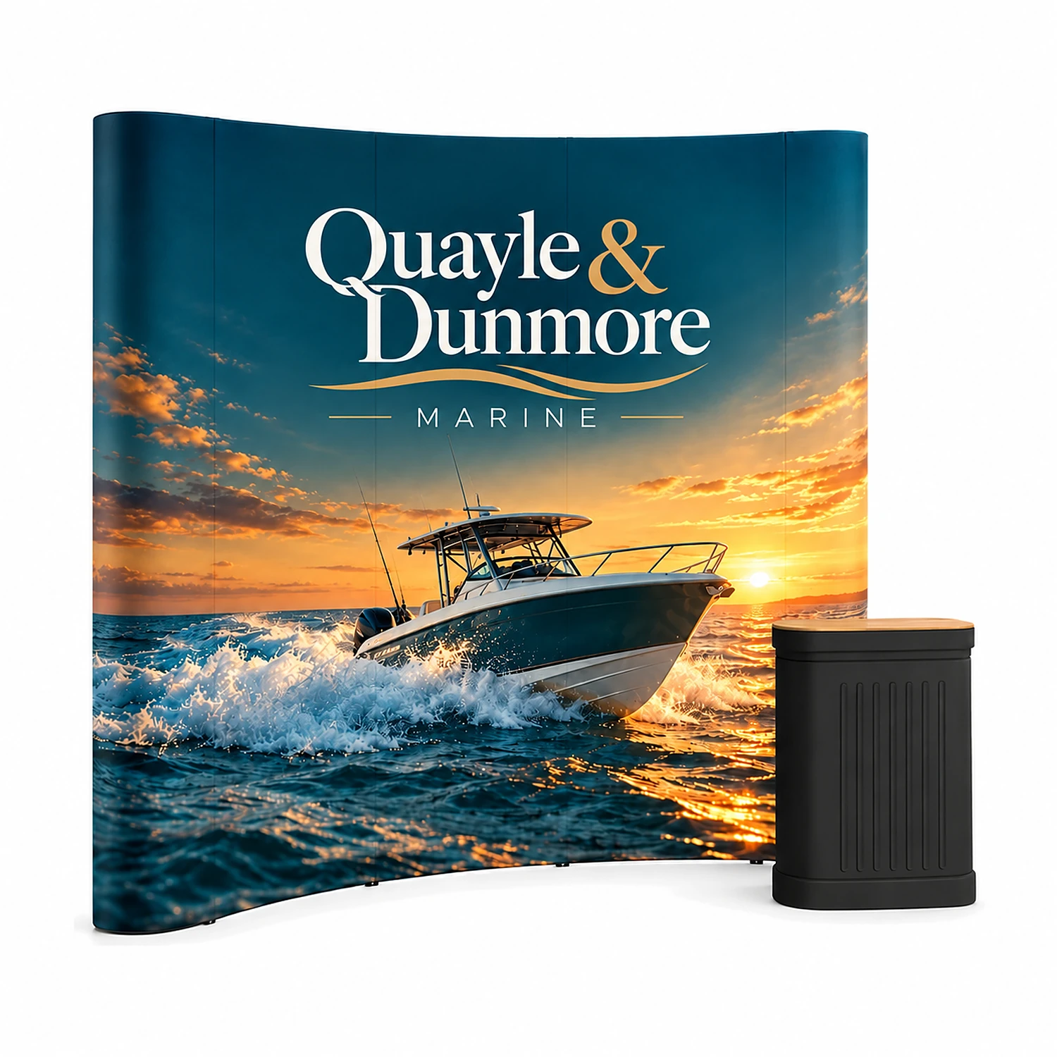 Pop Up Stand 3x3 Curved - Double-Sided, shown with example artwork