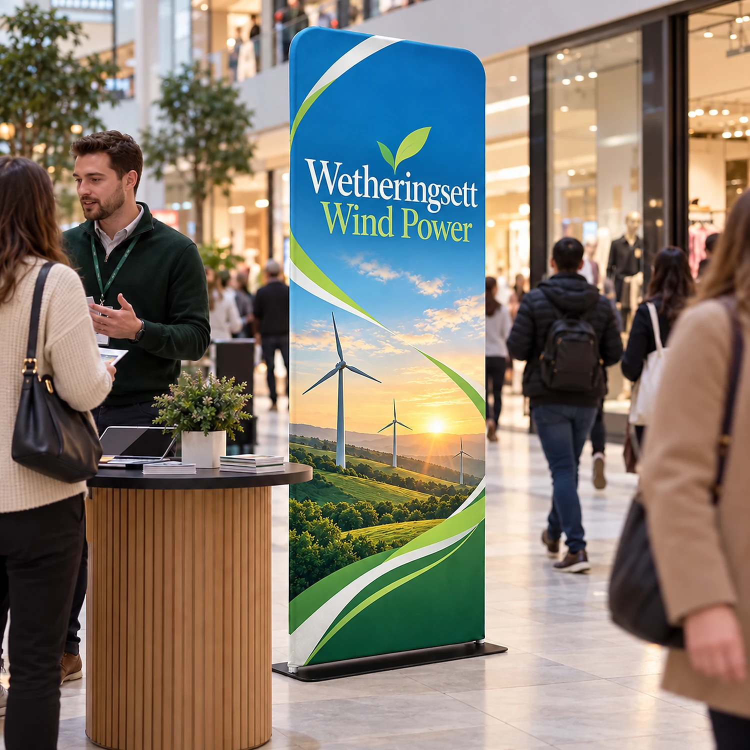 Premium Stretch Fabric Banner Stand 900mm Wide - Double-Sided, shown with example artwork