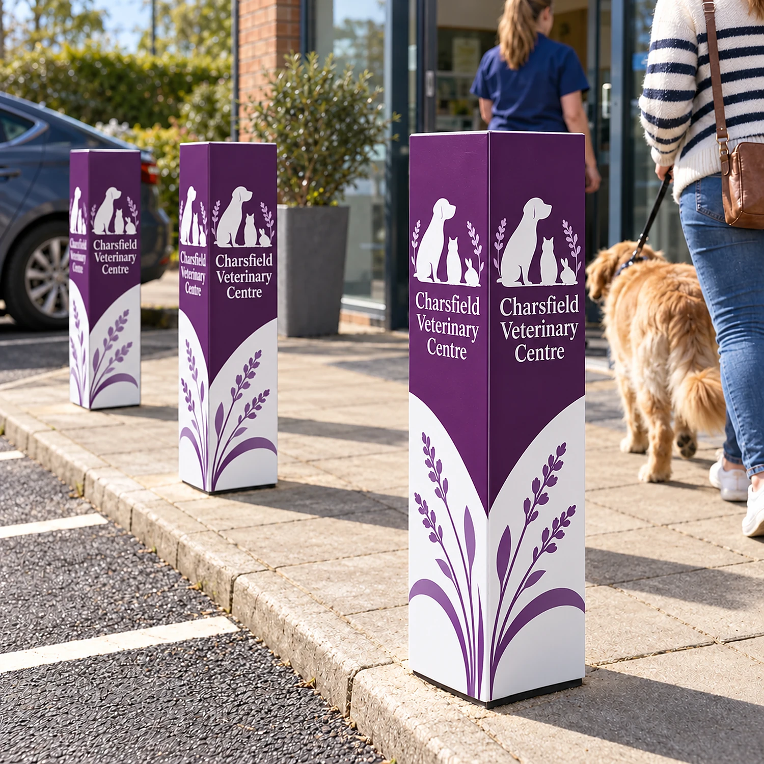Printed Bollard Cover Square, for 250mm Bollards, 1.2m Tall, shown with example artwork