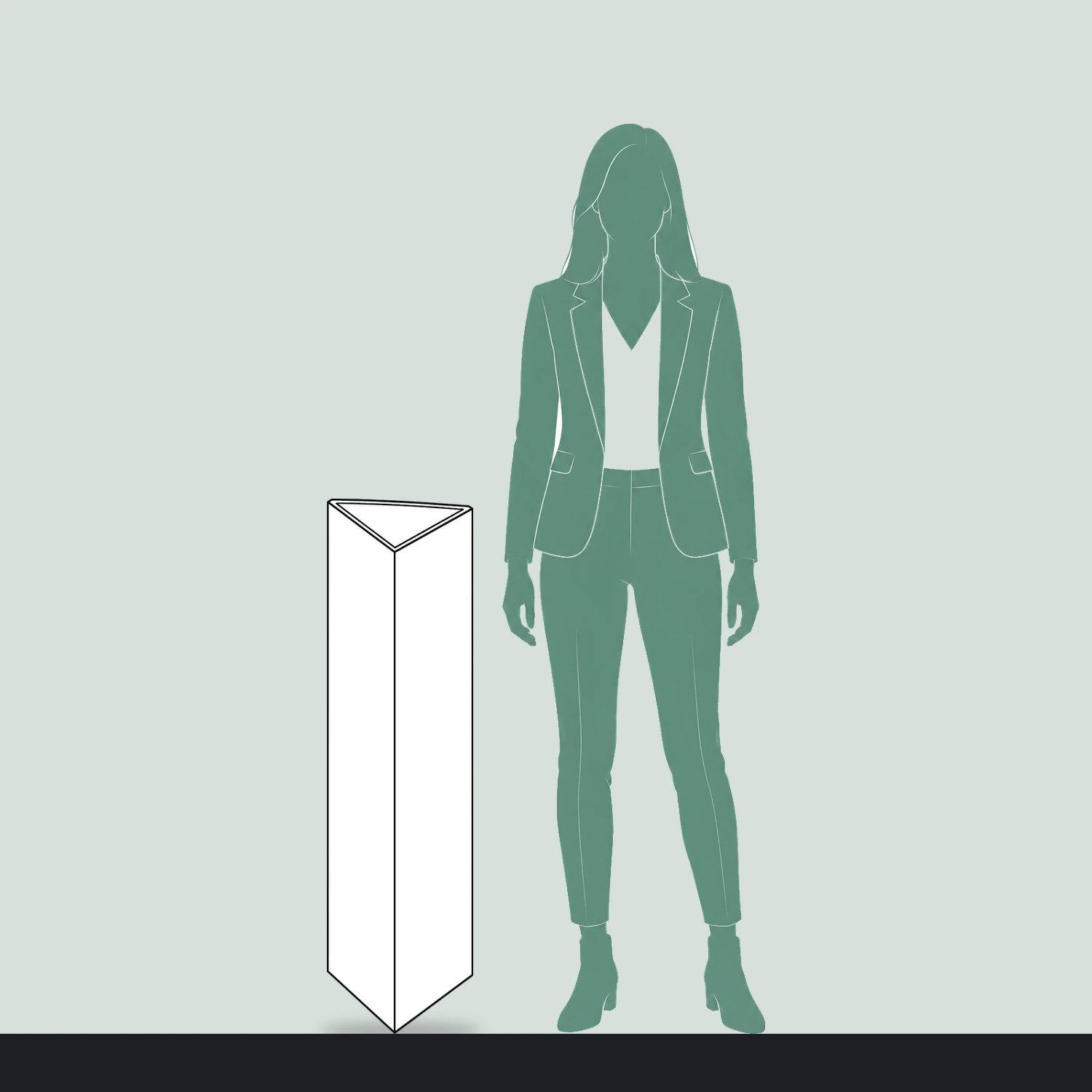 Printed Bollard Cover Triangle, for 150mm Bollards, 1m Tall size compared with a person