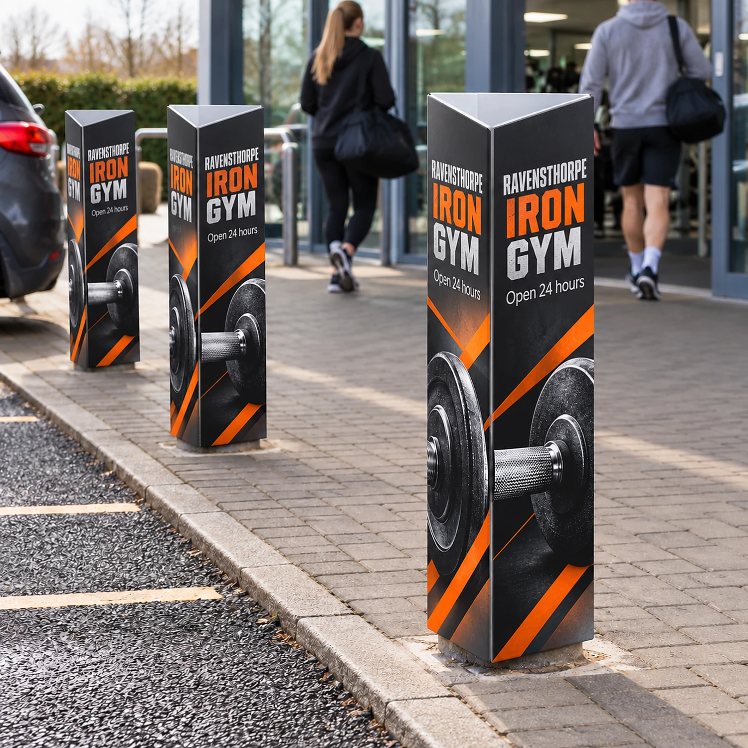 Printed Bollard Cover Triangle, for 200mm Bollards, 1.2m Tall, shown with example artwork