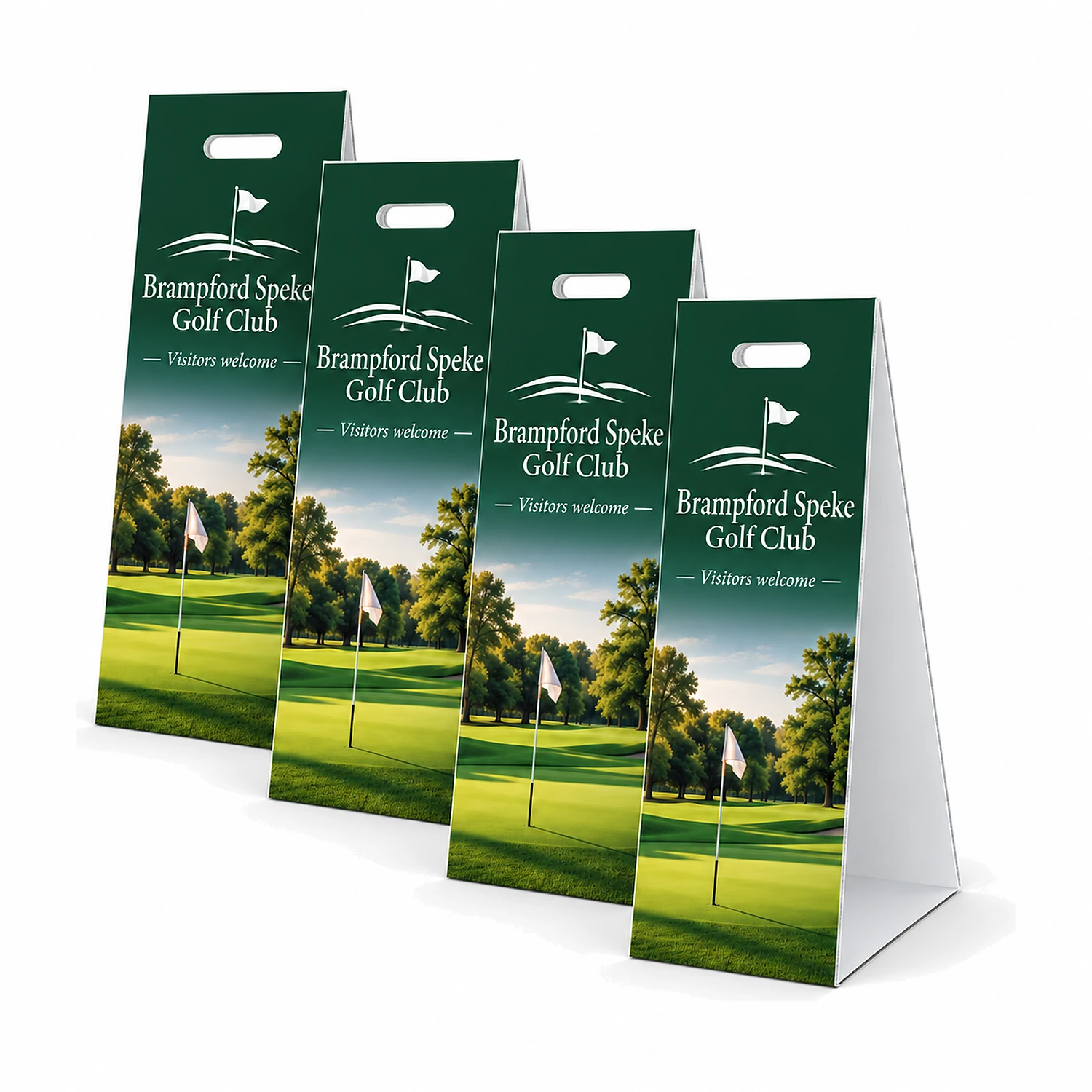Printed Fluted Board A-Boards 290mm x 1m, Pack of 4, shown with example artwork