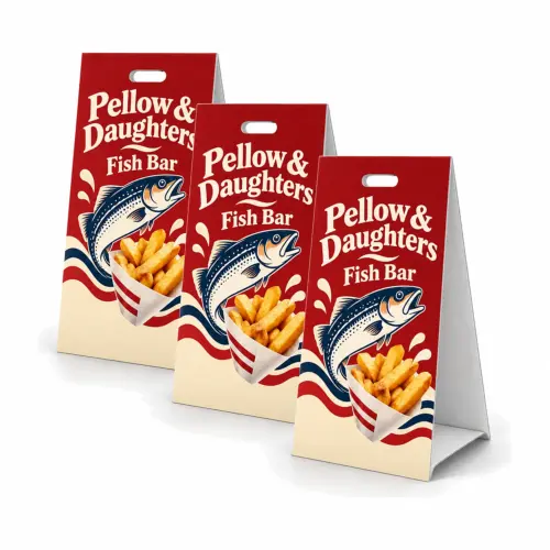 Printed Fluted Board A-Boards 390mm x 1m, Pack of 3, shown with example artwork