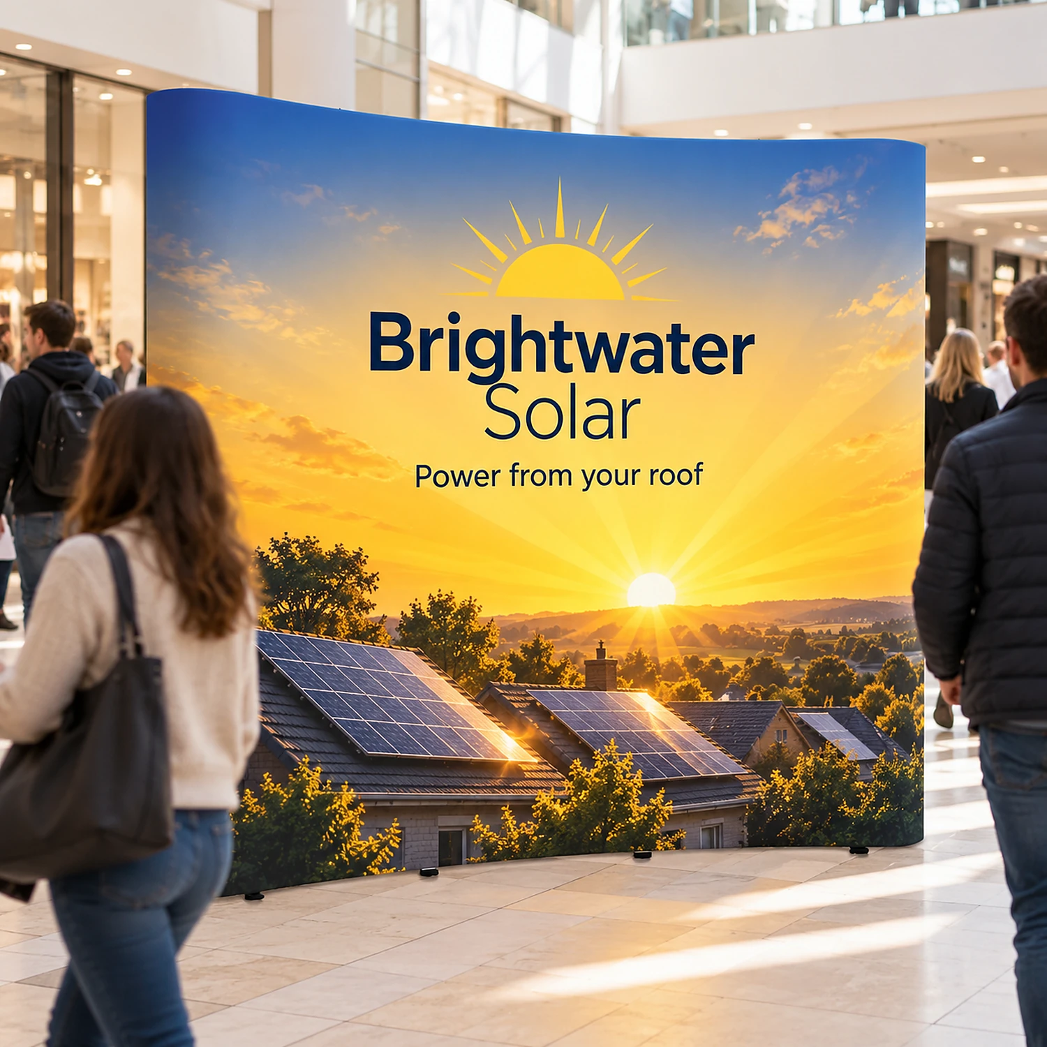 Quick+ Curved Pop Up Stand in use in a shopping centre