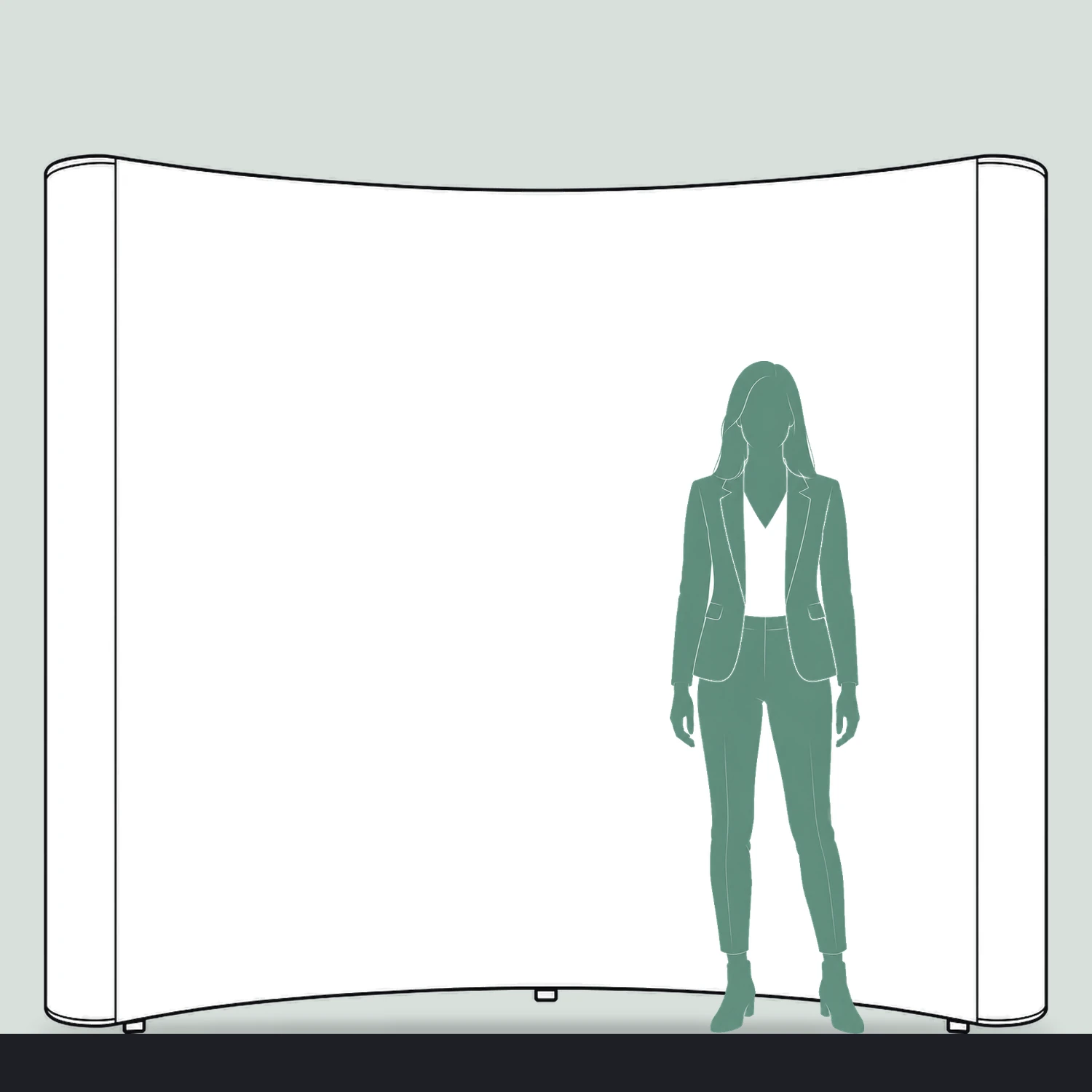 Quick+ Pop Up Stand 3x3 Curved, 2.54m Wide size compared with a person