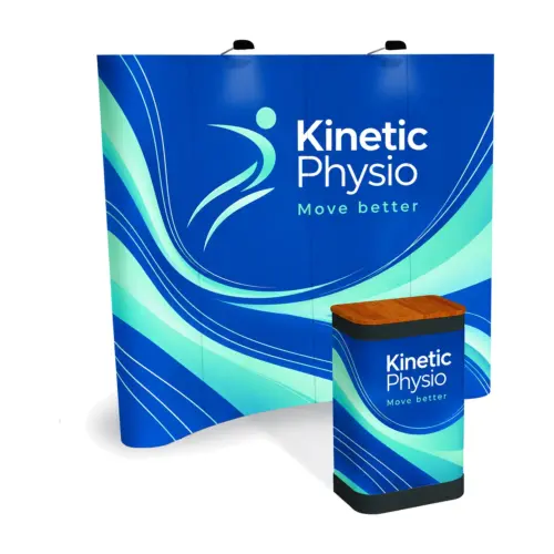 Quick+ Pop Up Stand Bundle 3x4 Curved with Counter and Lights, 3.07m Wide with example artwork