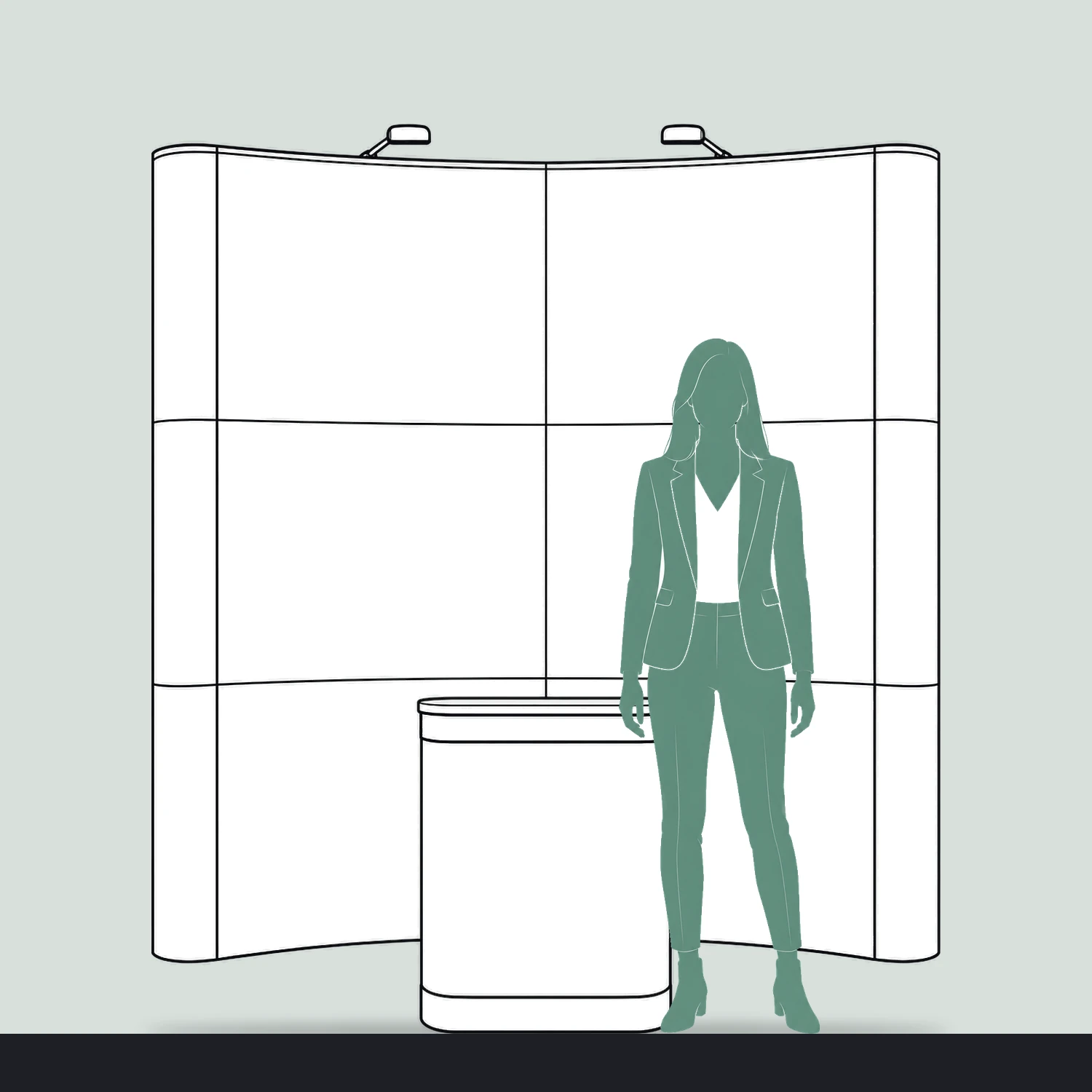Quick+ Pop Up Stand Bundle 3x2 Curved with Counter and Lights, 1.93m Wide size compared with a person