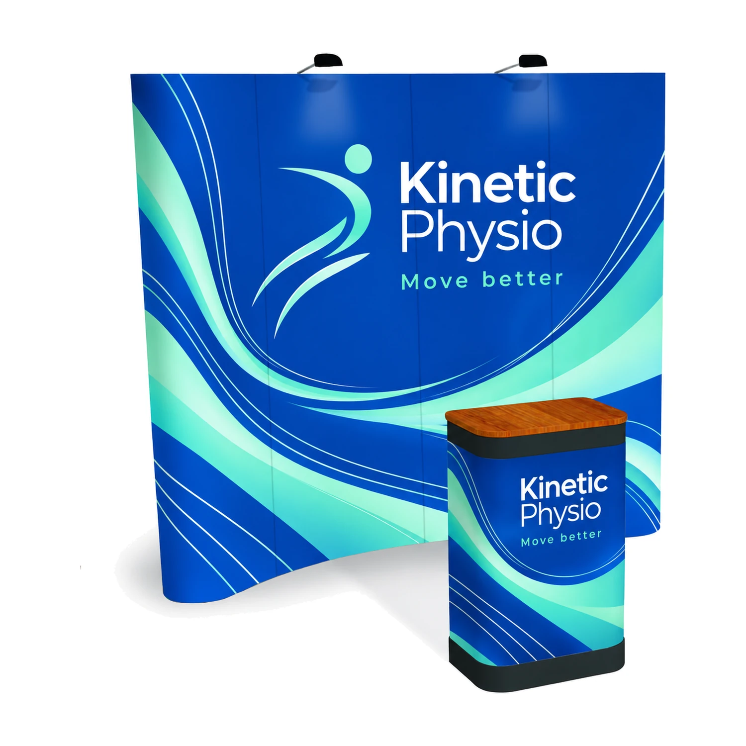 Quick+ Pop Up Stand Bundle 3x4 Curved with Counter and Lights, 3.07m Wide with example artwork