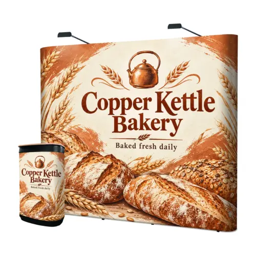 Quick+ Pop Up Stand Bundle 3x4 Straight with Counter and Lights, 3.44m Wide with example artwork