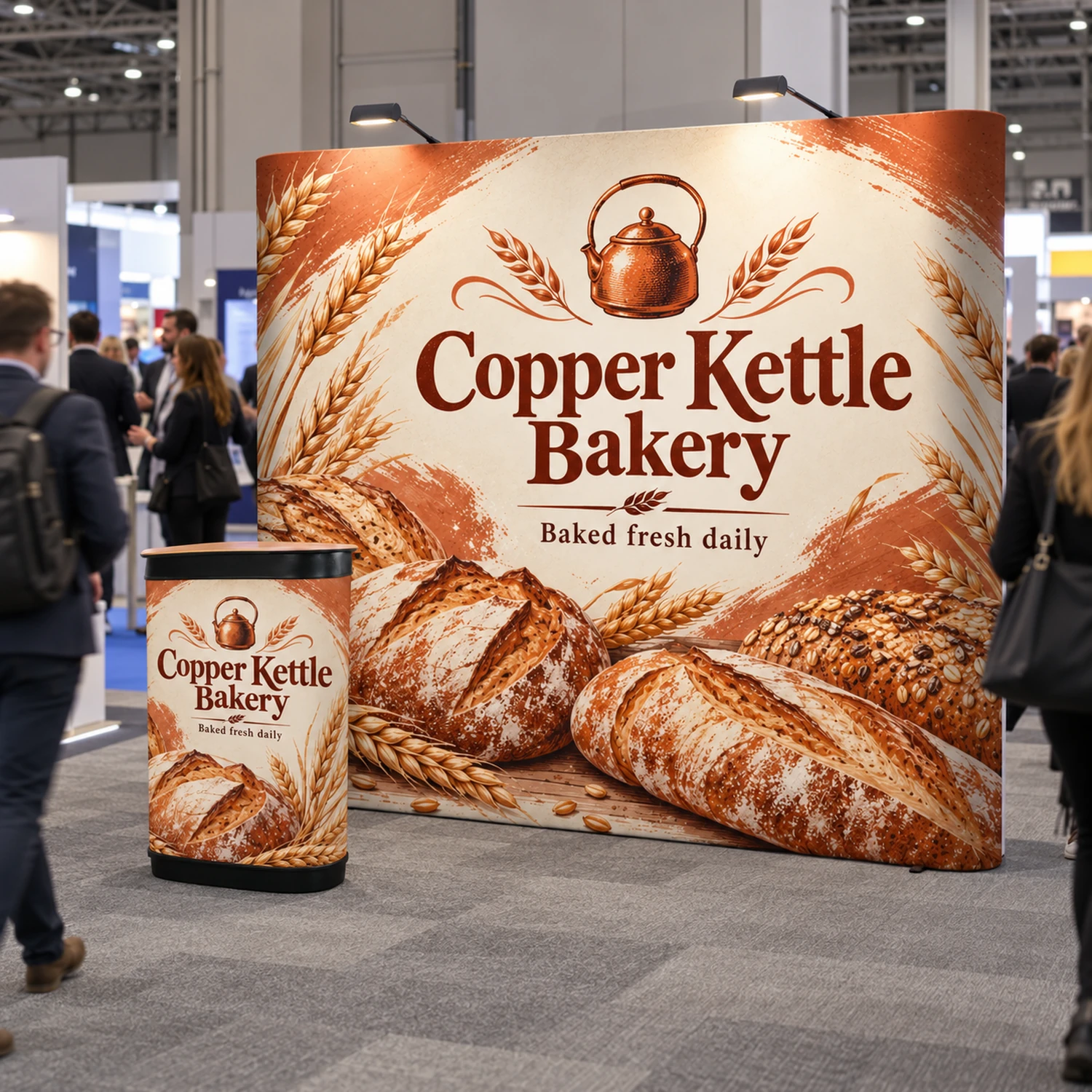 Quick+ Pop Up Stand Bundle 3x4 Straight with Counter and Lights, 3.44m Wide in use at an event