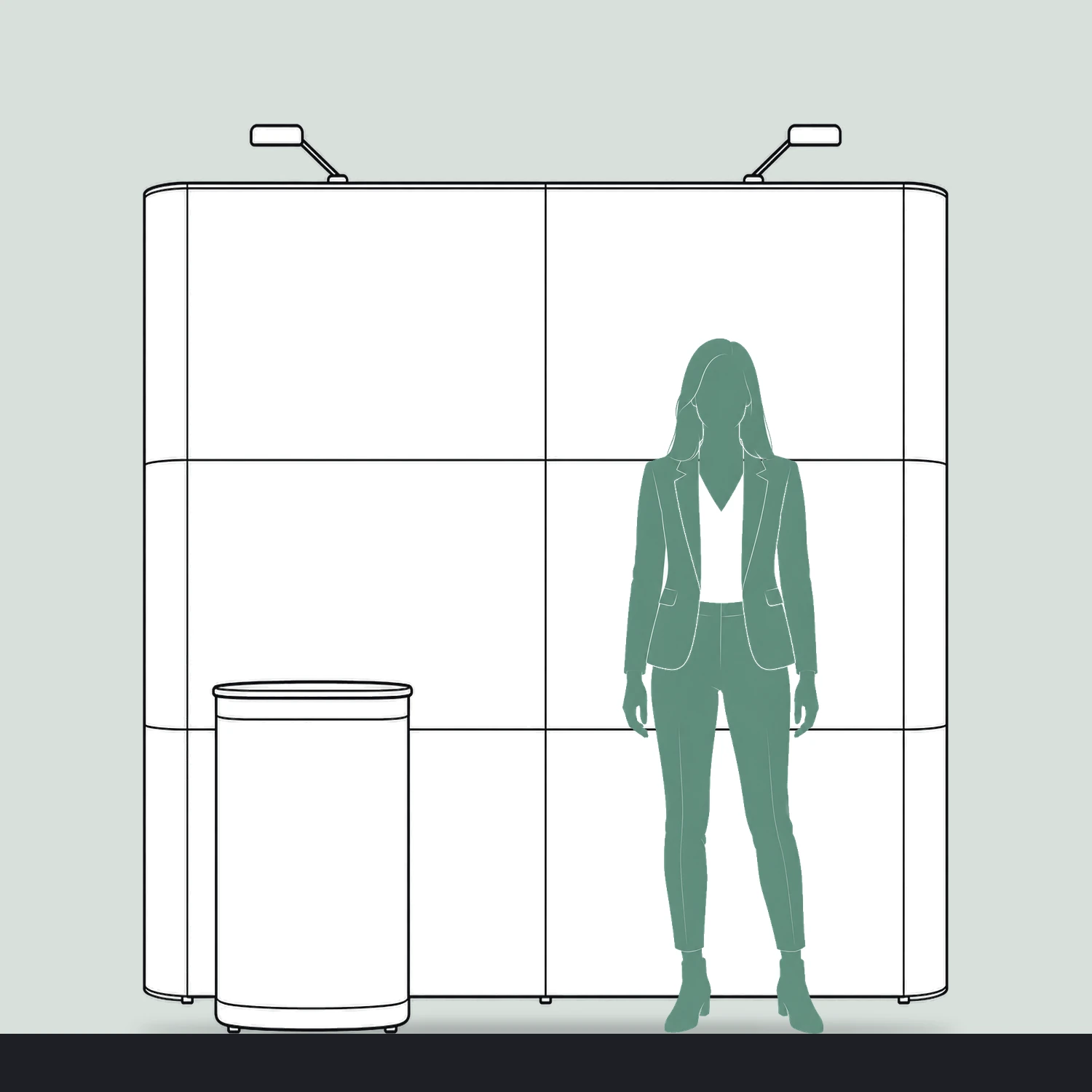 Quick+ Pop Up Stand Bundle 3x2 Straight with Counter and Lights, 1.97m Wide size compared with a person