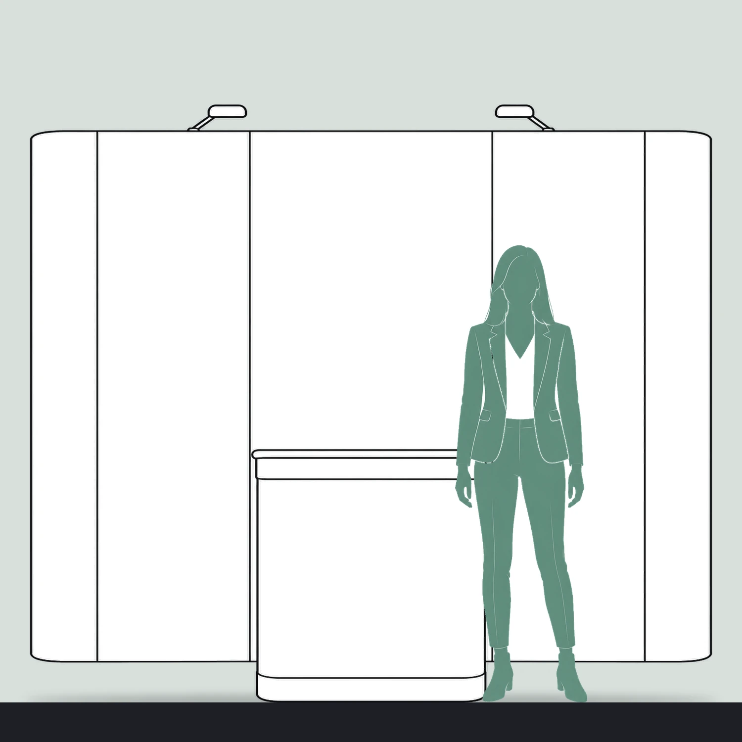Quick+ Pop Up Stand Bundle 3x3 Curved with Counter and Lights, 2.54m Wide size compared with a person