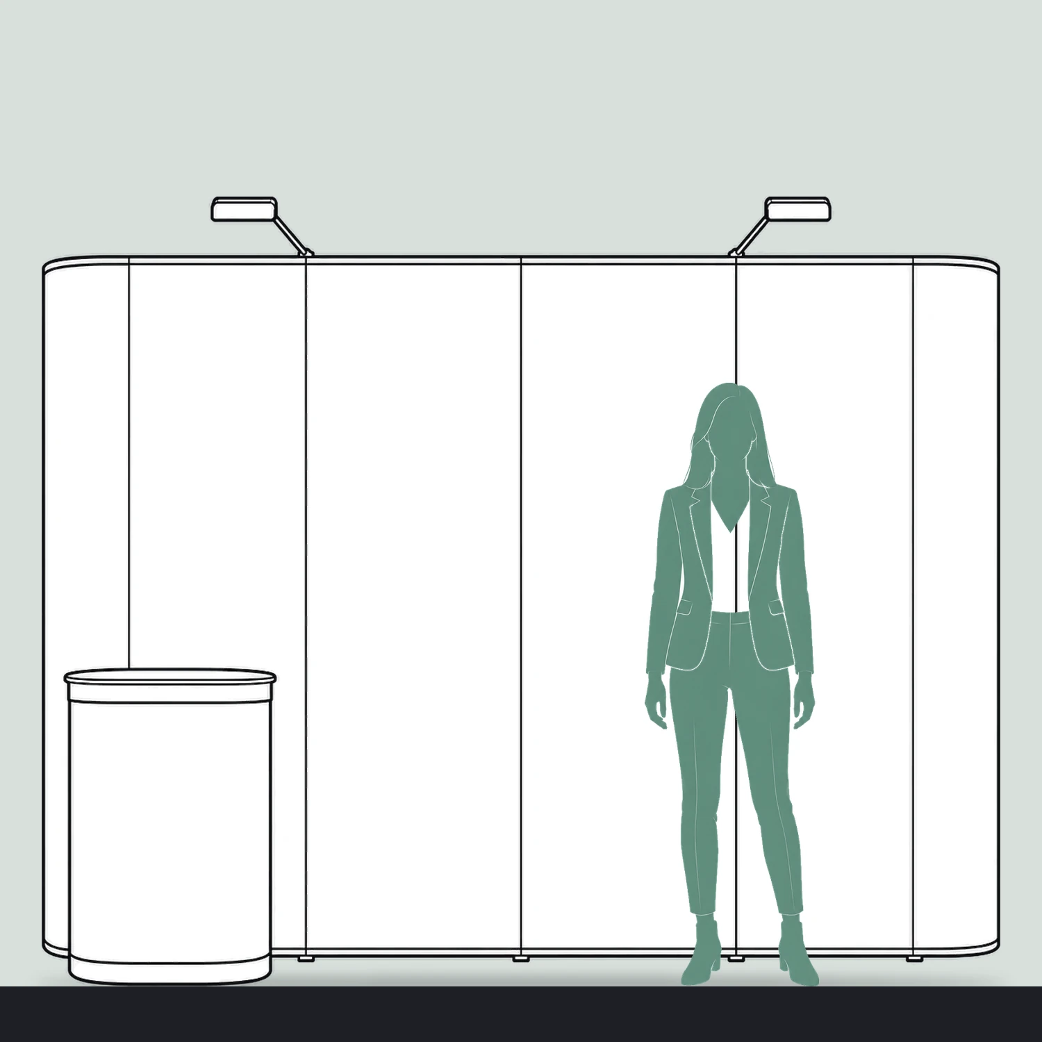 Quick+ Pop Up Stand Bundle 3x3 Straight with Counter and Lights, 2.7m Wide size compared with a person