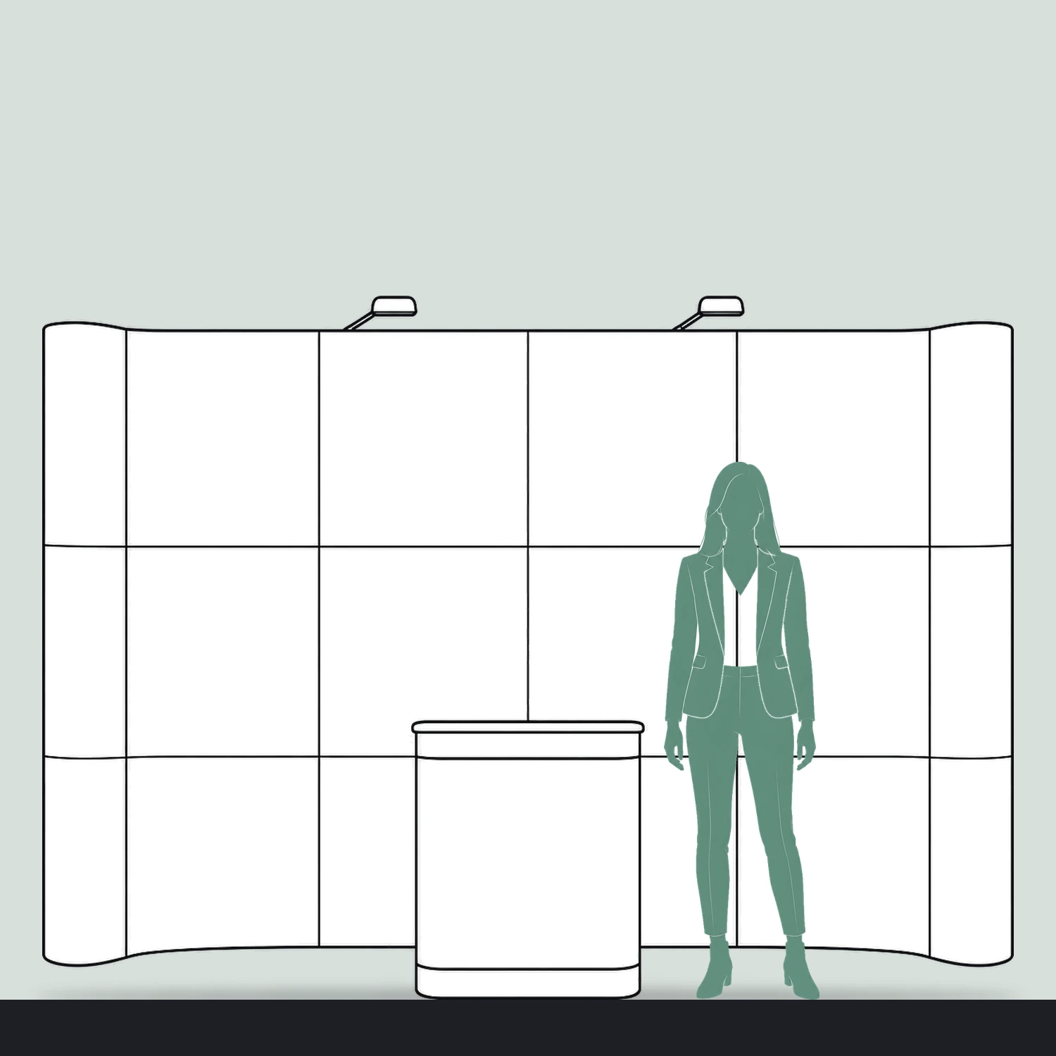 Quick+ Pop Up Stand Bundle 3x4 Curved with Counter and Lights, 3.07m Wide size compared with a person