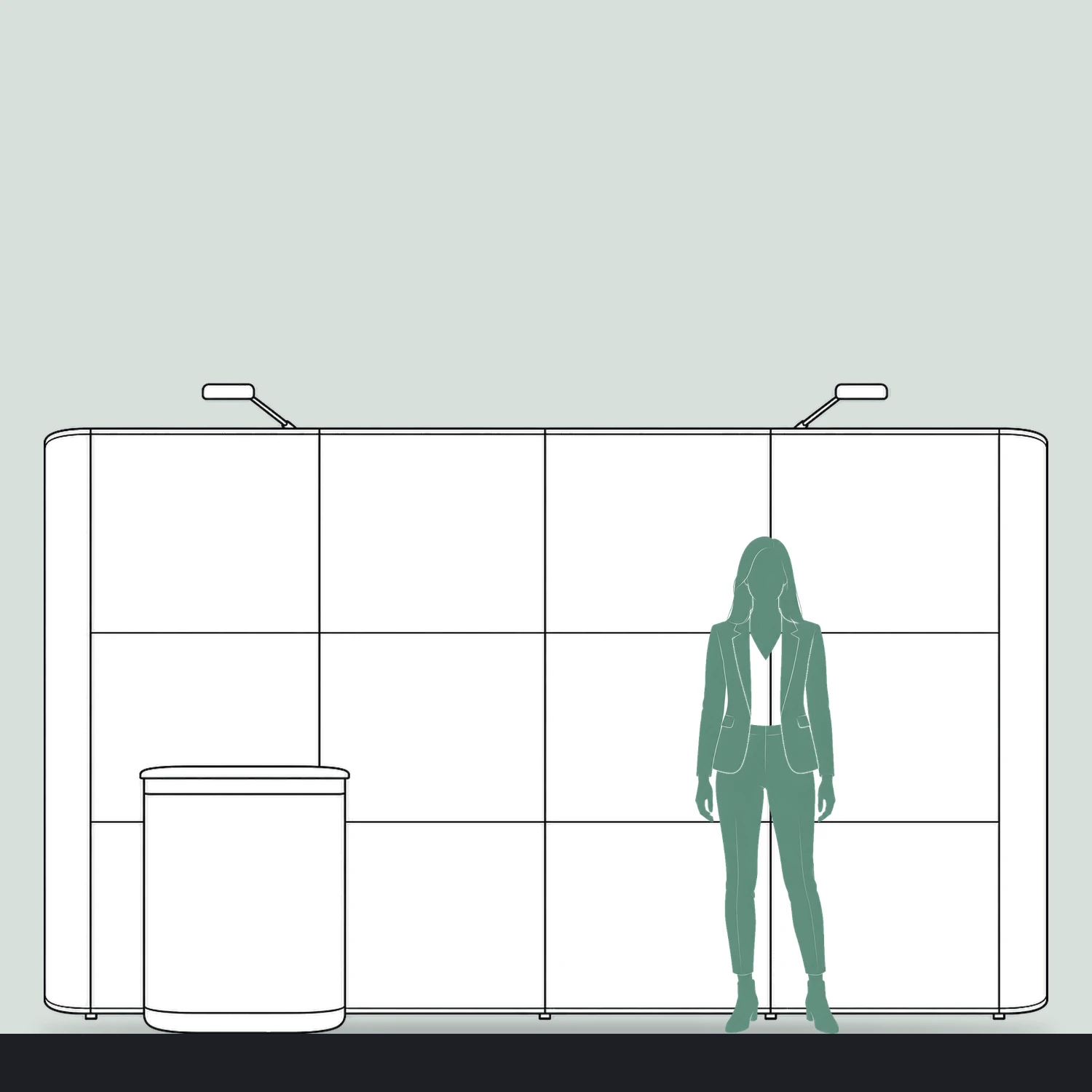 Quick+ Pop Up Stand Bundle 3x4 Straight with Counter and Lights, 3.44m Wide size compared with a person
