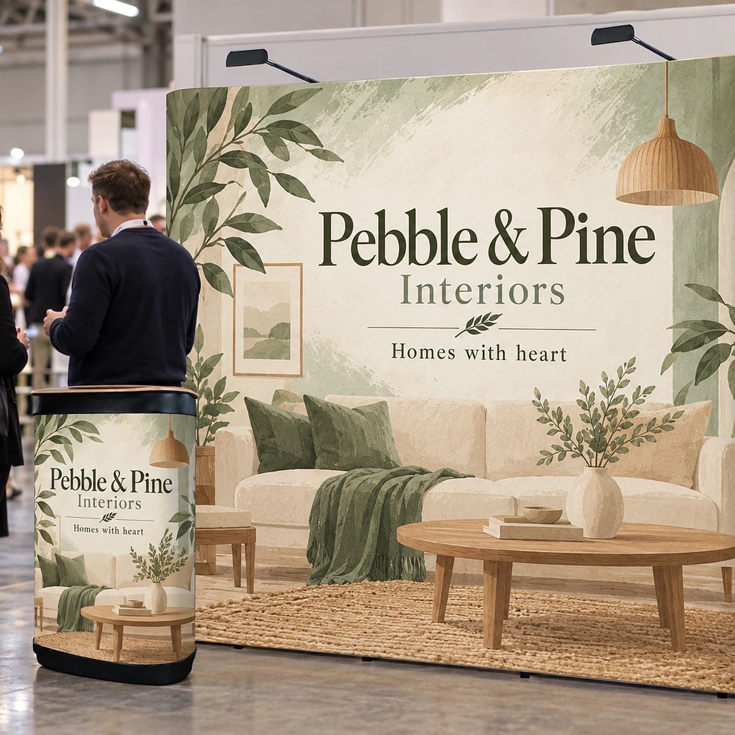 Quick+ straight pop up stand bundle with printed backwall and matching case counter at an event