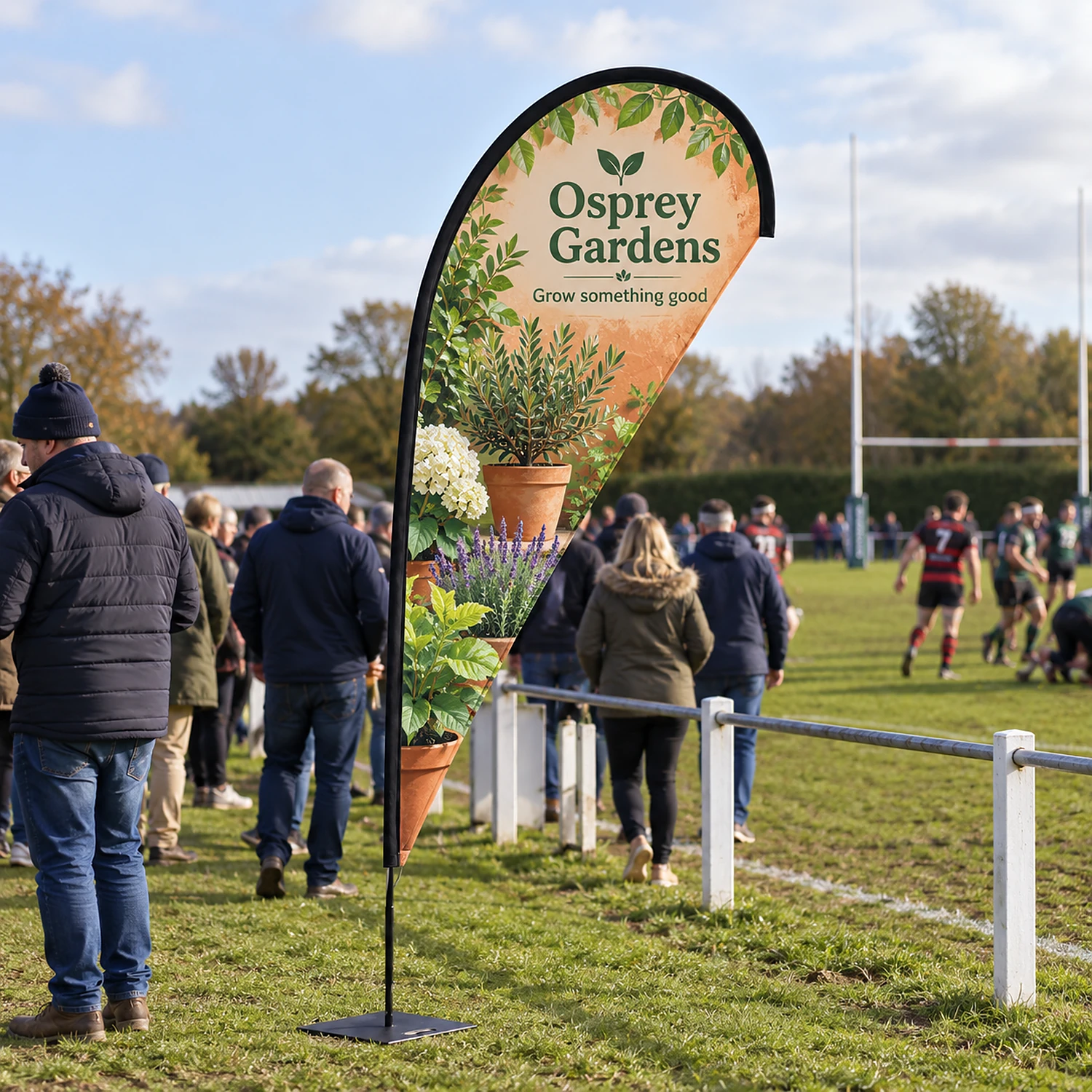 Quill flag in use at a sports club match day