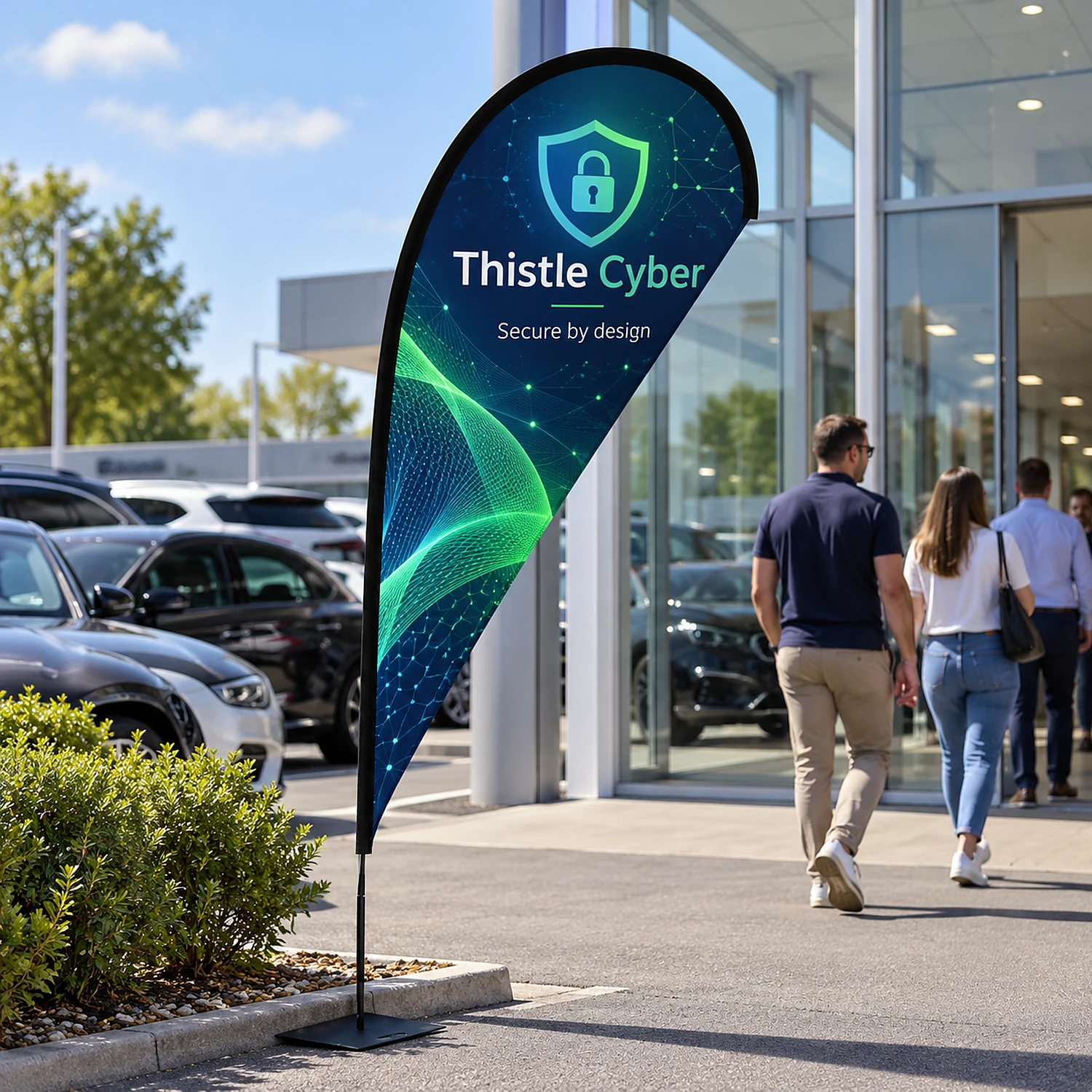 Quill flag in use on a car showroom forecourt