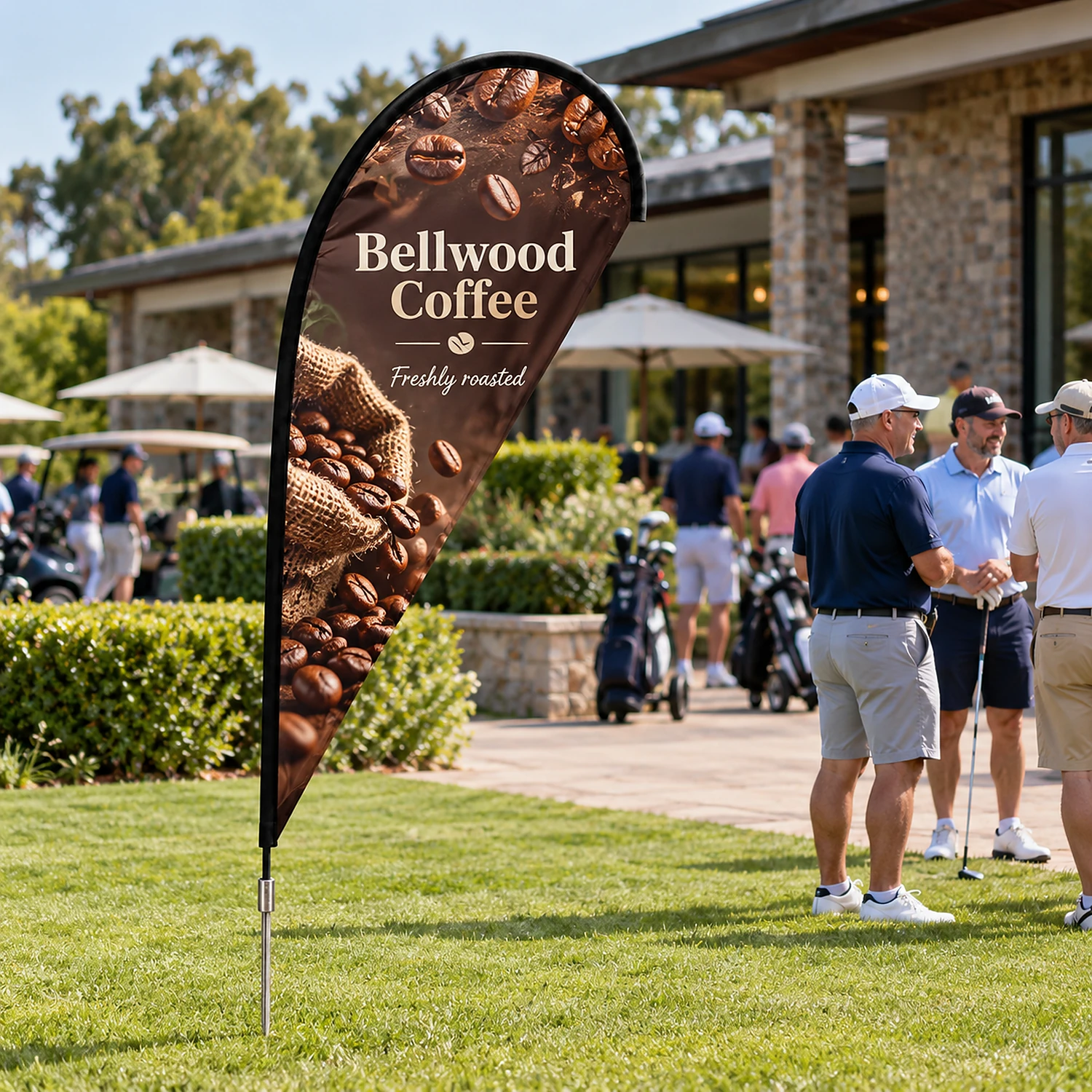 Quill flag with ground spike at a golf club event