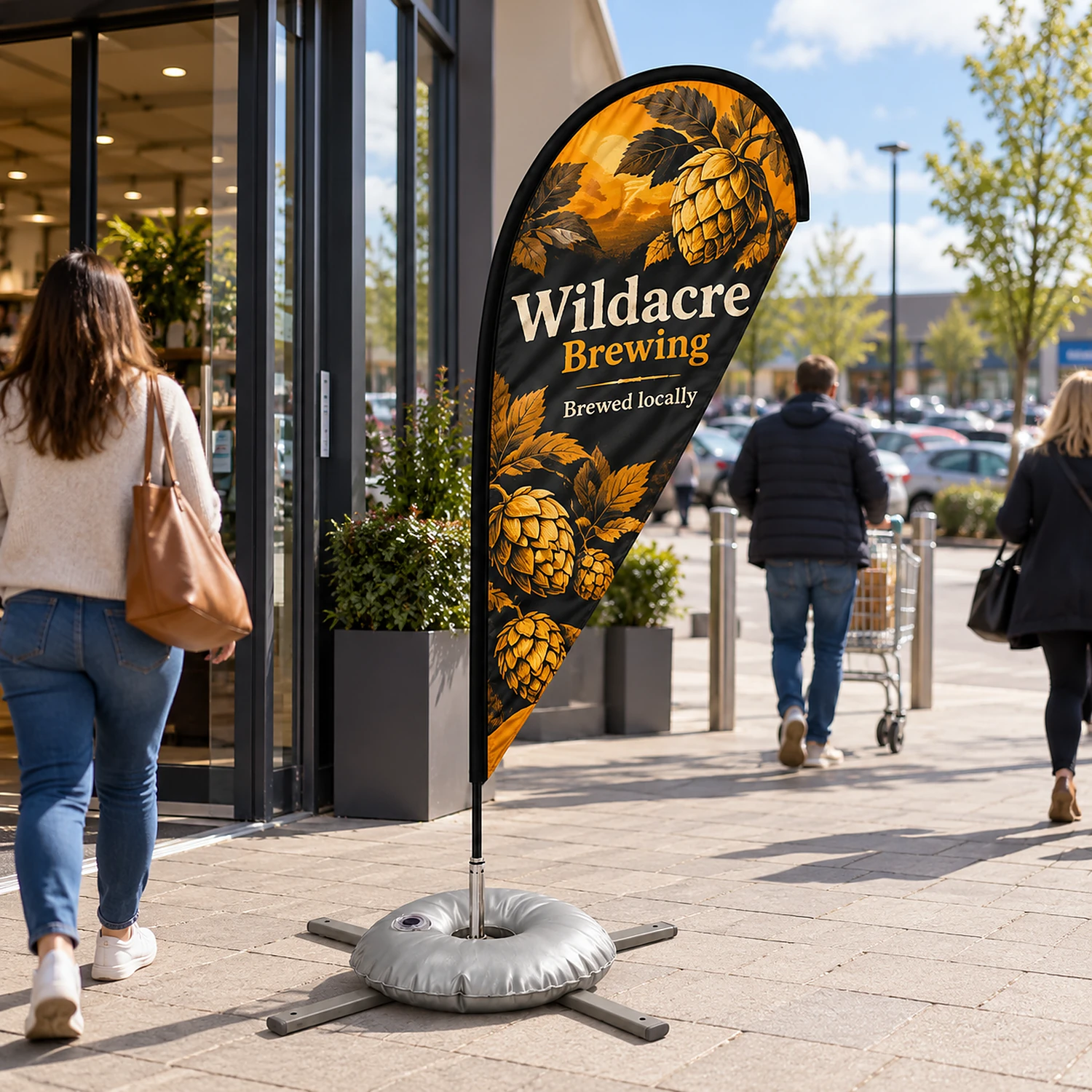 Quill flag on a large cross base at a retail park entrance