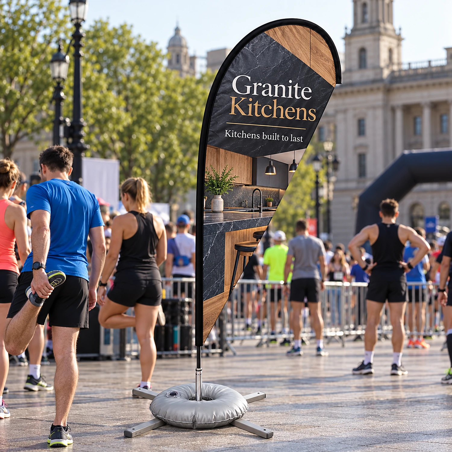 Quill flag on a large cross base at a running event