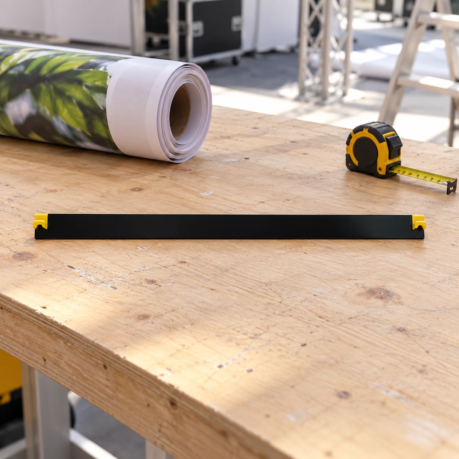 Rear curved hanger on a workbench beside a rolled graphic
