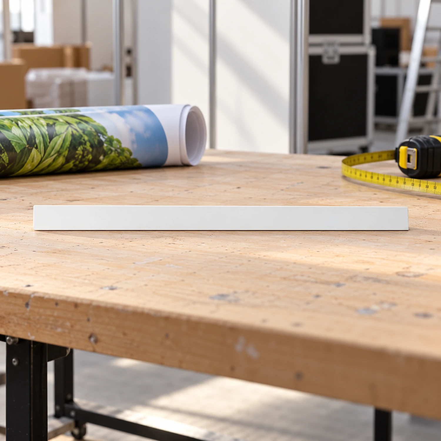 Rear curved kicker on a workbench beside a rolled graphic