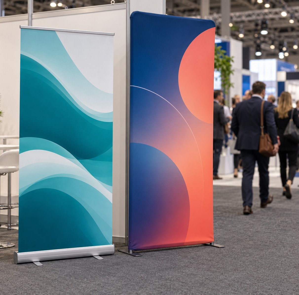 Roller banner with a silver base beside a fabric tension banner at the edge of an exhibition stand