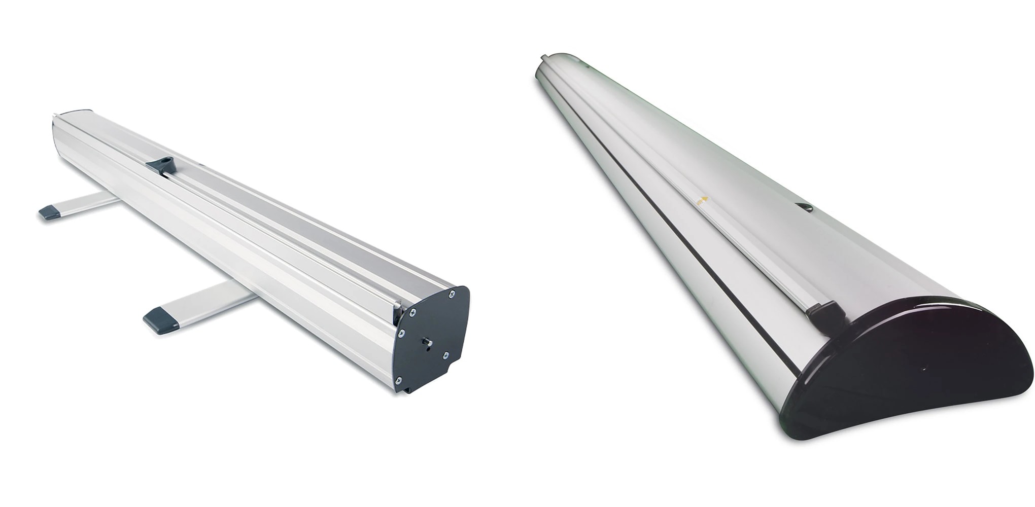 A roller banner base with twist-out feet beside a wider premium base without feet