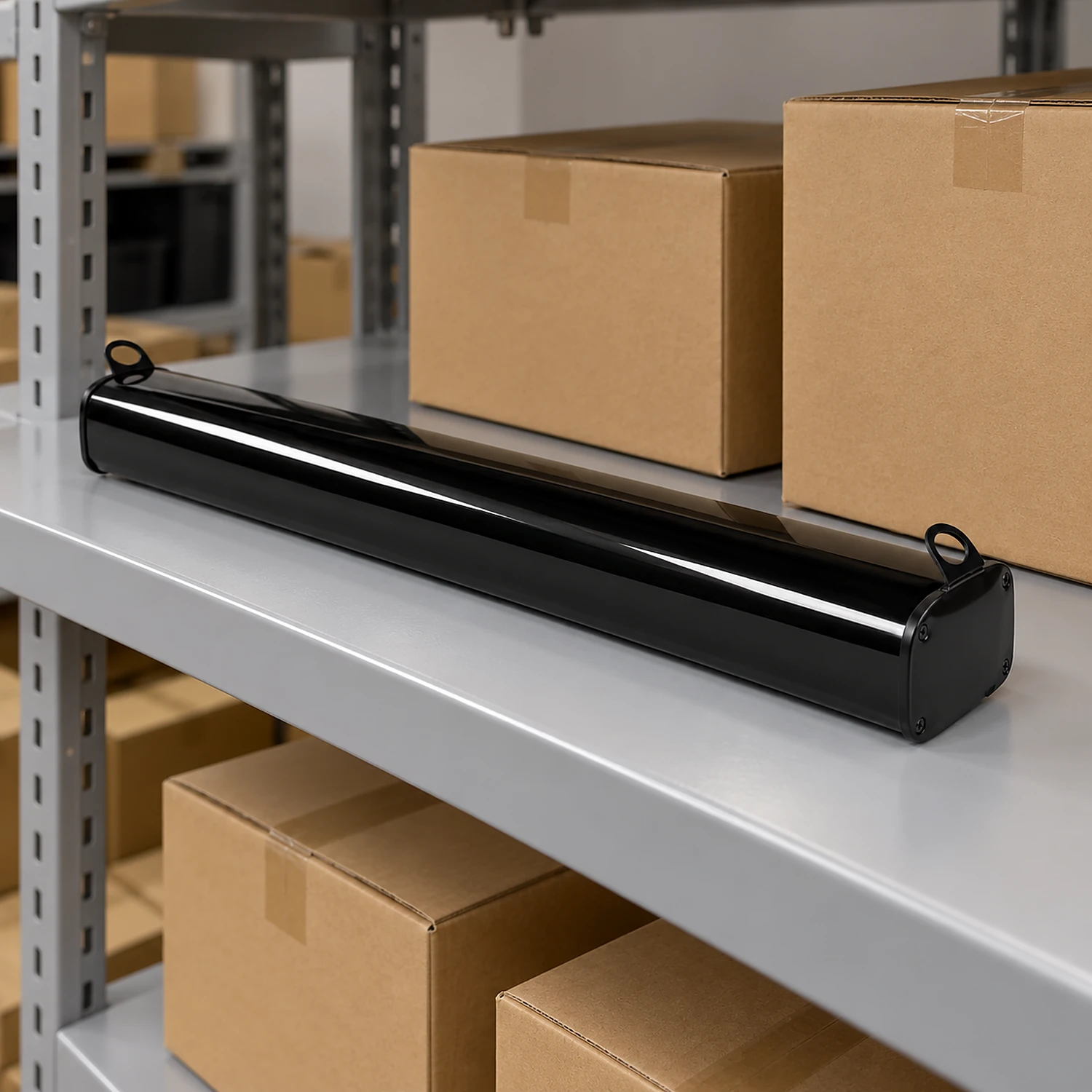 Roller banner cassette on a store room shelf