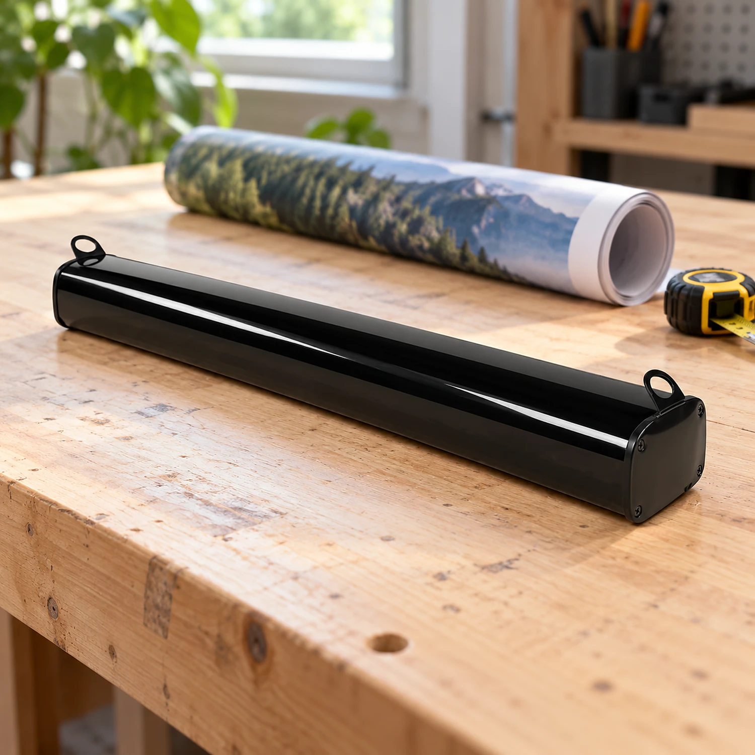 Roller banner cassette on a workbench beside a rolled banner