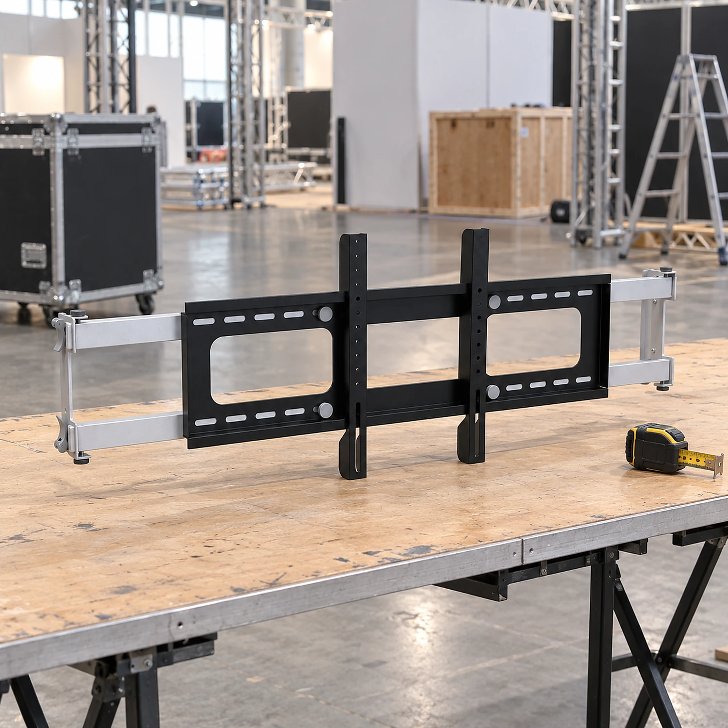 Screen mount kit on a trestle table during build-up
