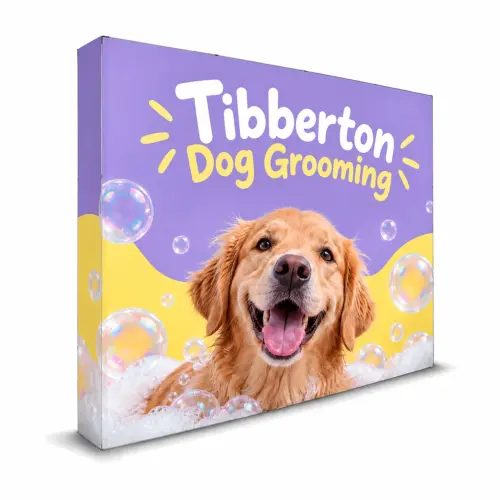 SEG Fabric Pop Up Stand 4x3 Straight - Double-Sided, shown with example artwork