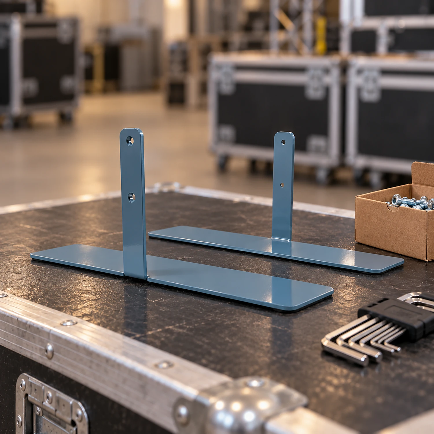 Pair of side flat feet on a flight case lid with Allen keys and bolts